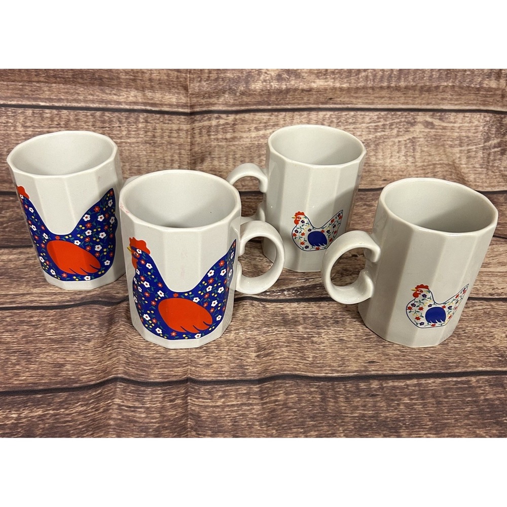 4 VTG Otagiri Rooster Hen Patchwork Floral Farm Coffee Cup‎ Mug